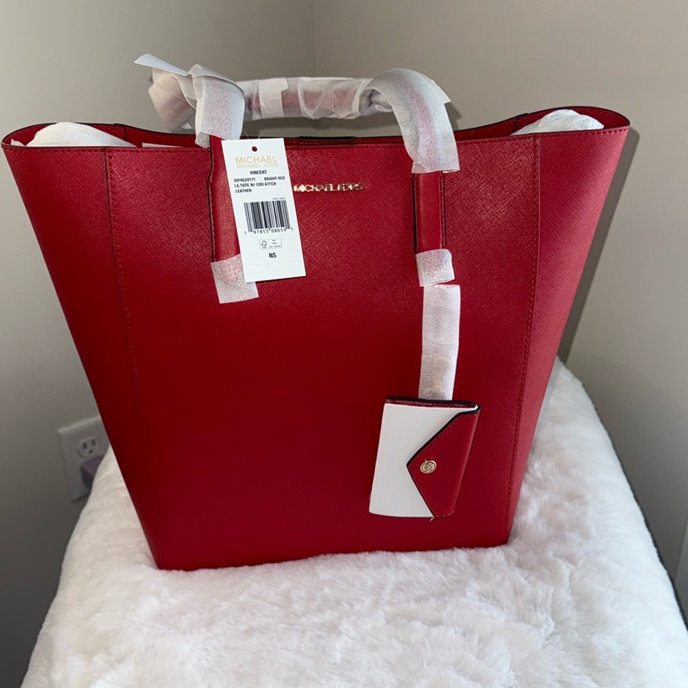 NWT Michael Kors Vincent Large Saffiano Leather Tote Bag with Card Case